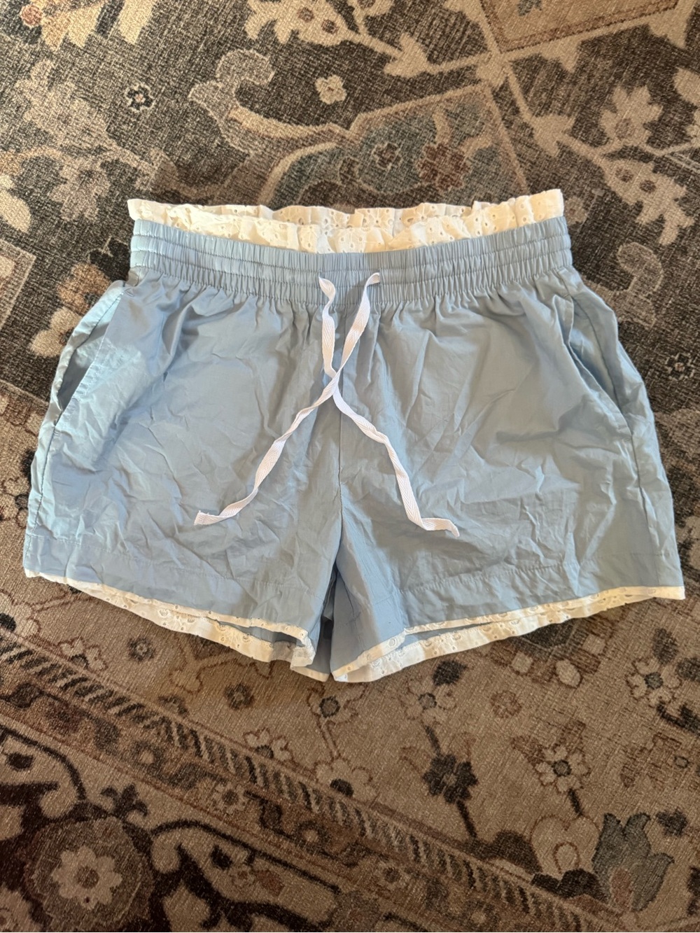 Happily Grey Light Blue Women’s Drawstring Boxer Shorts with Lace Trim Comfy  M